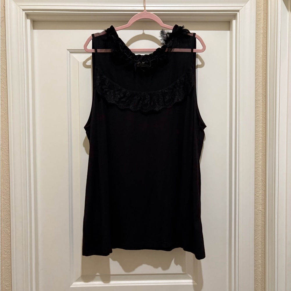 Avenue Black Lace Neckline Ruffle Tank Top With Feather Trim